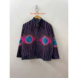 Jungle Women's <b>Corduroy</b> <b>Jacket</b> Stand Collar Full Sleeve Hand Embroidered Evil Eye Pattern Autumn Wear - Product Image 5
