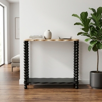 Table console en bois avec pieds en bobine et étagère inférieure ondulée, plateau en bois naturel, cadre noir, table d'appoint pour entrée, salon, mobilier de maison