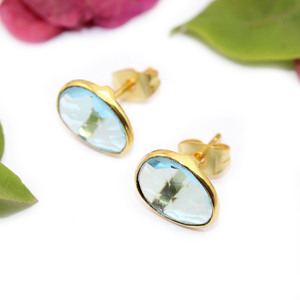 Minimal Boho Fashion Egg Shape 7x9 MM Blue Topaz Hydro Quartz 24K Gold Plated <b>Stud</b> <b>Earrings</b> For Women Wholesale Jewelry - Product Image 2