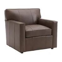 Fauteuil club contemporain en cuir bleu, design minimaliste, base en bois massif et accents dorés