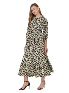 Sati Factory femmes été Maxi robe à manches longues col en v naturel à plusieurs niveaux Flare Design noir gris Paisley motif imprimé fleuri - Product Image 4