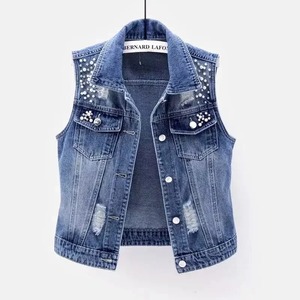 Nouvelle pierre imprimé à capuche Jeans veste personnaliser élégant sans manches femme veste coton respirant lavé Denim veste - Product Image 3