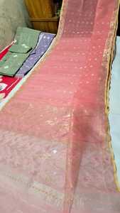 Exclusivo Sari Deshi Dhakai Rosa Claro Jamdani, Calidad de Exportación para Mujer, Tela JAMDANI Azul, Rojo, Verde, Dorado de Bangladés - Product Image 6