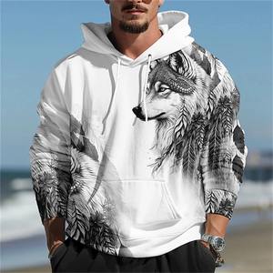 Primavera y otoño nuevos hombres moda 3D Lobo impresión sudaderas con capucha suelta Casual diario calle Vintage pulóveres - Product Image 2
