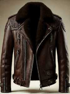 Veste en cuir pour homme avec col en fausse fourrure, fermeture éclair, style motard d'hiver - Product Image 1
