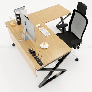 XBamboo BFXB009 L-Shaped PC <b>Desk</b> 140x150cm Iron Legs Assembled with Drawer Bookshelf and Shelf - Product Image 3