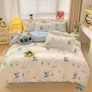 Juego de cama cómodo y encantador de 2m con estampado Floral de dibujos animados, Sábana plana de algodón lavado de 4 piezas, 2 fundas de almohada para niños para hoteles - Product Image 1