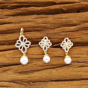 ผู้ค้าส่งในอินเดียอเมริกันเพชร CZ จี้ชุด2โทนชุบ50477 - Product Image 2