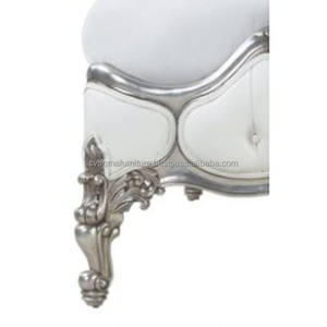 France Carved <b>Bed</b> Silver Color Solid <b>Wood</b> with Padded Headboard <b>White</b> Leather - Product Image 4