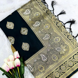Améliorez votre style avec notre tissu de soie Banarasi doux fantaisie travail Latkan broderie de couleur vive longue longueur saree confortable - Product Image 1