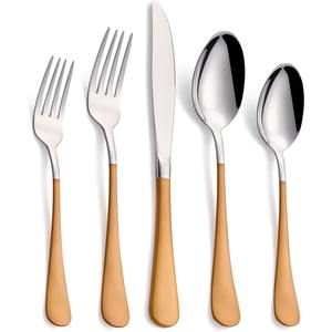 <b>Set</b> Of 5 Flatware Pcs Stainless Steel Ideal <b>For</b> Kitchen Tabletop Home Party Cafe Use Silver Color Plated Cutlery Brass Handle - Product Image 1
