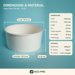 Tazón de Papel Blanco de Pared Simple de 750 ml, Contenedor de Alimentos Kraft, Vaso Desechable para Servir, Impresión Flexográfica, para Ensaladas, Frutas, Sopas, Poke - Product Image 5