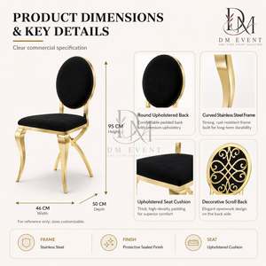 Chaise de mariage décorative en acier inoxydable doré avec dossier ajouré et revêtement noir pour mariages et événements de banquet - Product Image 4