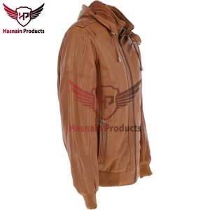Blouson Bomber Homme en Cuir Véritable Marron Foncé avec Capuche, Épaulettes en Cuir de Vachette, Bordure en Tricot Côtelé, Style Classique Personnalisé, Vêtement d'Extérieur Chaud pour l'Hiver - Product Image 4