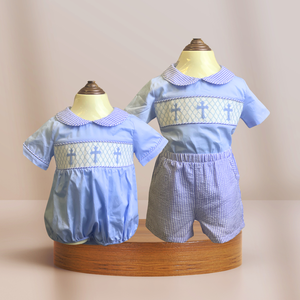 Ropa para niños pequeños Smocked Ropa para niños Smocked Baby Boy Toddler Bubble Romper Azul Manga corta Personalizado OEM ODM Fabricante - Product Image 3