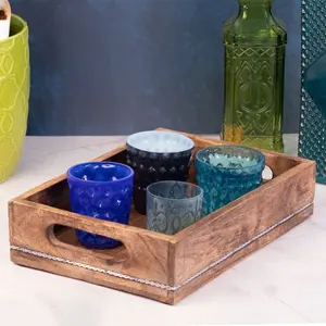 Kezevel Plateau de service artisanal en manguier avec doublure en métal Poignée plate pour table à manger ou cuisine-Vaisselle - Product Image 2