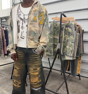 Sweat à capuche oversize en coton 100% délavé à l'acide, style streetwear, camouflage, fermeture éclair, tissu épais en molleton français 100% coton, veste streetwear - Product Image 4