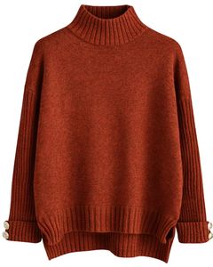 Ensemble pull en maille marron rouillé et pantalon large pour femme, pull à col montant, vêtements de détente, tenue d'hiver, fournisseur OEM - Product Image 1