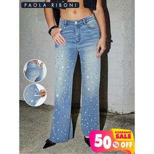 Jean droit taille haute pour femme Paola Riboni, délavage clair, orné de strass, coupe ample, longueur intégrale, en denim, idéal pour l'été et l'automne - Product Image 2