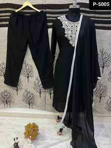 Traje tradicional indio pesado Vichitra seda listo para usar Salwar Kameez traje con hermoso bordado trabajo encaje borde Dupatta - Product Image 3