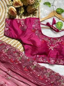 Dernière tenue de créateur, sari en georgette pur et doux tendance avec des fils de broderie lourds, travail de séquence de 3 mm, mode féminine - Product Image 2