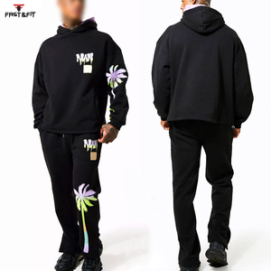 Ensemble sweat-shirt et pantalon de survêtement décontracté en coton 100% extensible dans les quatre sens, imprimé régulier, respirant, taille plus, coupe évasée, uni, pour l'hiver - Product Image 2