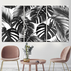 Obra de arte en lienzo con estampado de hojas de palma tropicales en blanco y negro, decoración elegante, lienzo enrollado en 3 piezas - Product Image 1