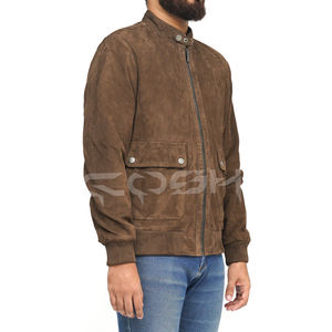 Chaqueta unisex de cuero de gamuza marrón oscuro con cuello alto estilo bomber, con bolsillos con solapa y cierre frontal. |   Fabricante Mayorista - Product Image 5