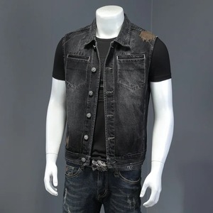 Premium Quality Winter Embroidery Distressed Denim Motorcycle Biker <b>Vest</b> Men's Casual Sleeveless 100% Cotton <b>Slim</b> Fit Outerwear - Product Image 6