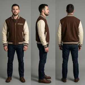 Blouson Bomber Marron pour Homme avec Manches en Cuir Crème, Col et Poignets en Maille Côtelée Mélange de Laine Personnalisé, Veste Décontractée Streetwear, Vente en Gros - Product Image 6