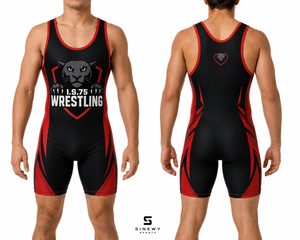 SINGLET DE LUCHA SINEWY SPORTS para Hombre, Sublimado Personalizado, Diseño Pantera Negra y Roja, Elástico, Protección UV Frontal, Secado Rápido - Product Image 1