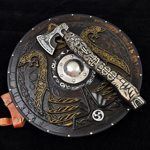 ESCUDO VIKINGO MEDIEVAL DE MADERA CUCHILLOS VIKINOS ARTESANALES ESCUDO A LO LARGO DEL HACHA RAGNAR REGALO DE NAVIDAD - Product Image 3