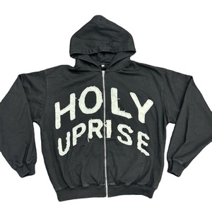 Jersey de bordado térmico desgastado de gran tamaño personalizado de algodón 100%, retales de lavado ácido, bordado, recortado, con cremallera completa, calle - Product Image 1