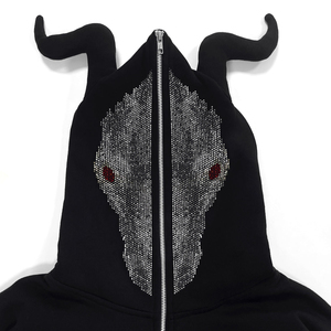 Men's Vintage Zipper-Up 100% Cotton Custom Fabric heavyweight Front Logo Rhinestone Embellishment baggy hoodie - Product Image 2