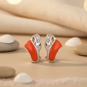Trendy <b>Silver</b> Orange Enamel Gemstone Accents Earrings Stainless Steel Wing and Hoop <b>Studs</b> Religious Style for Women's Gift - Product Image 1
