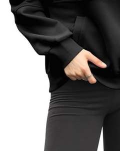 Sudadera con Capucha Negra de Media Cremallera para Mujer, Sudadera Holgada de Forro Polar Cálido con Cuello Alto, Ropa Casual de Invierno, Material Suave, Bolsillo Tipo Canguro - Product Image 5