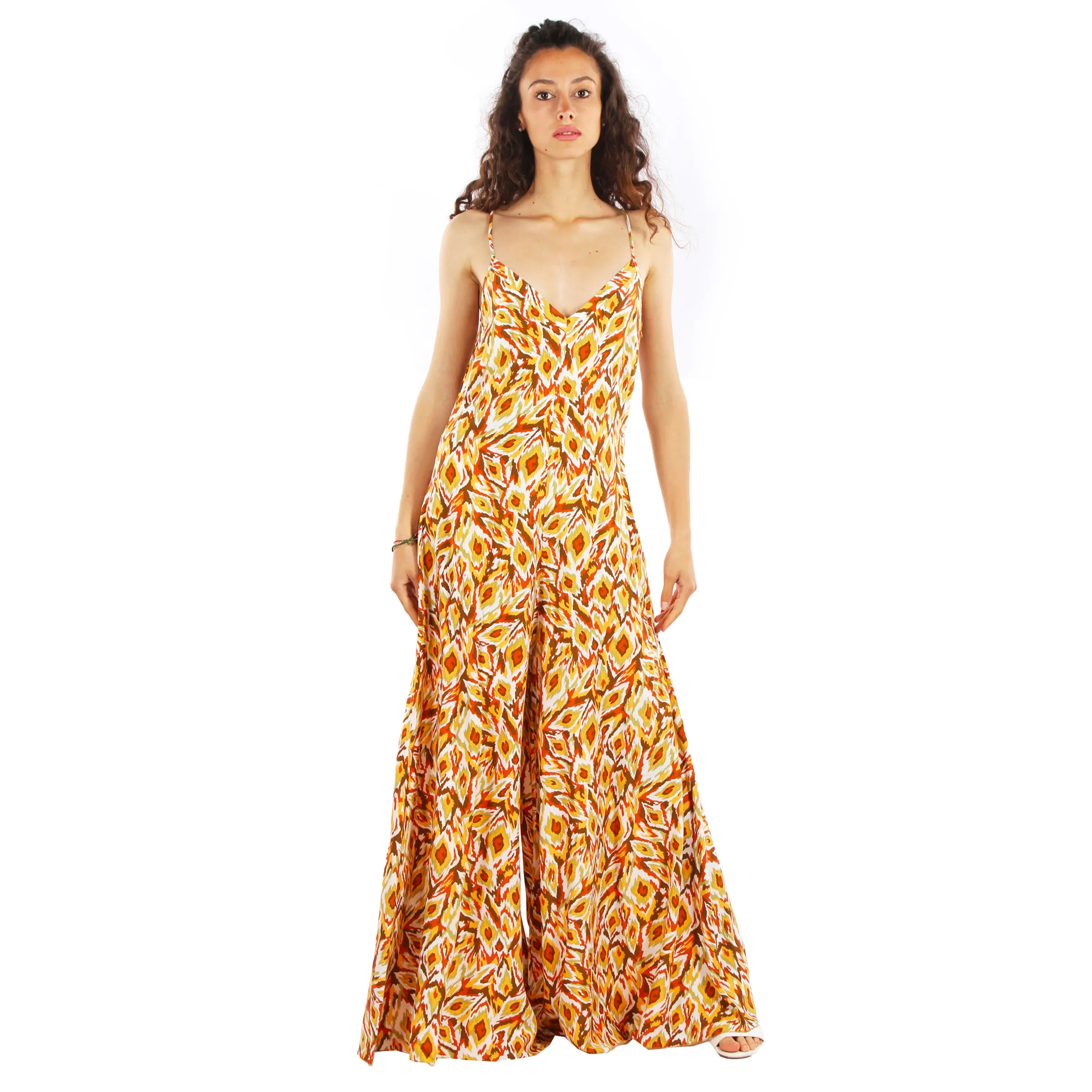 Festive Summer Fantasy: Sleeveless Yellow Print Overall Perfect for a Stylish and Playful Look size large