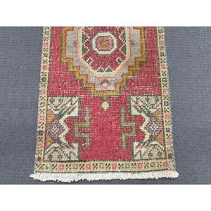 Vintage Small Rug 1.5x3 ft (46x92 cm), Turkish <b>Red</b> Animal Print <b>Wool</b> Rug - Product Image 4