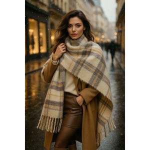 Écharpe/châle à carreaux beige pour femme SAL1297 - sal1297-Beige - Product Image 2