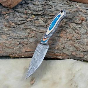 Couteau de chasse en acier Damas fait main |   Couteau de survie d'extérieur à lame fixe pleine soie avec manche en bois et étui en cuir OEM - Product Image 2