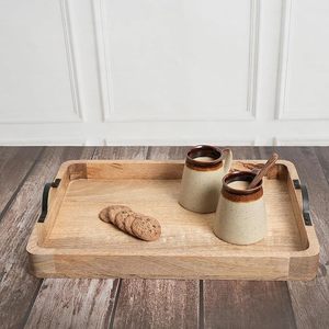 Table basse de salon rectangulaire, plateau à thé, plateau de service alimentaire, plateaux de service décoratifs en bois avec poignées en métal - Product Image 5