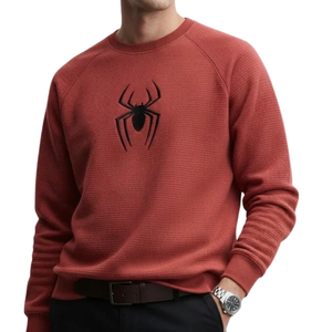 เสื้อสเวตเชิ้ตแขนยาวคอกลมทรงแร็กแลนสำหรับผู้ชาย ผ้ามีเท็กซ์เจอร์ ลายกราฟิกแมงมุม ปลายแขนและชายเสื้อแบบริบ ขายส่งเสื้อผ้าลำลอง - Product Image 1