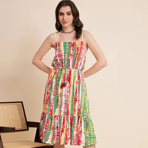 畅销书印度风格夏季女性多色人造丝库尔蒂美丽印花库尔塔舒适夏季时尚连衣裙