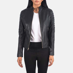 Chaqueta de Motociclista Acolchada para Mujer Adalyn, Cuero Vacuno Negro, Logotipo Personalizado, Exterior de PU, Cuello Solapa, Talla XL, Temporada Otoño - Product Image 1