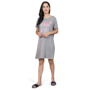 Chemise de nuit courte décontractée Evolve pour femme, 100 % coton gris chiné imprimé, longueur genou, douce et confortable - Product Image 1
