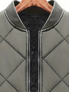 Men's Casual Baseball Collar <b>Zip</b> Quilted Jacket Fall Winter Warm Fleece Thickened Jacket Canvas Fabric - Product Image 2