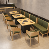 Ensemble de table et chaises rectangulaires en bois pour restaurant, style BBQ coréen moderne, mobilier de salle à manger sans fumée pour hot pot avec banquette verte