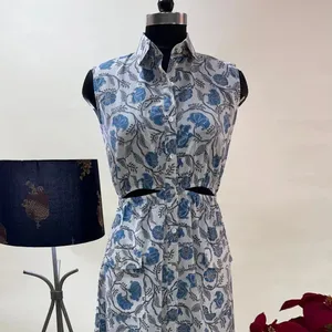 Nuevo vestido azul con bolsillos Bloque de mano indio Estampado floral Tela de algodón Vestido de verano Ropa cómoda para mujer Beat the Heat