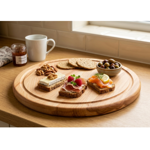 Plateau de service rond en bois d'acacia poli, écologique et fait main, idéal pour la maison et les réceptions - Product Image 2