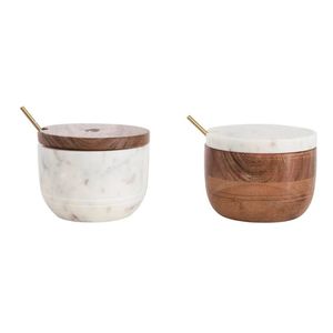 Ensemble de 2 plats à sucre de luxe en bois et en marbre de qualité supérieure à la mode outil d'ustensiles de récipient à sucre moderne rond - Product Image 1